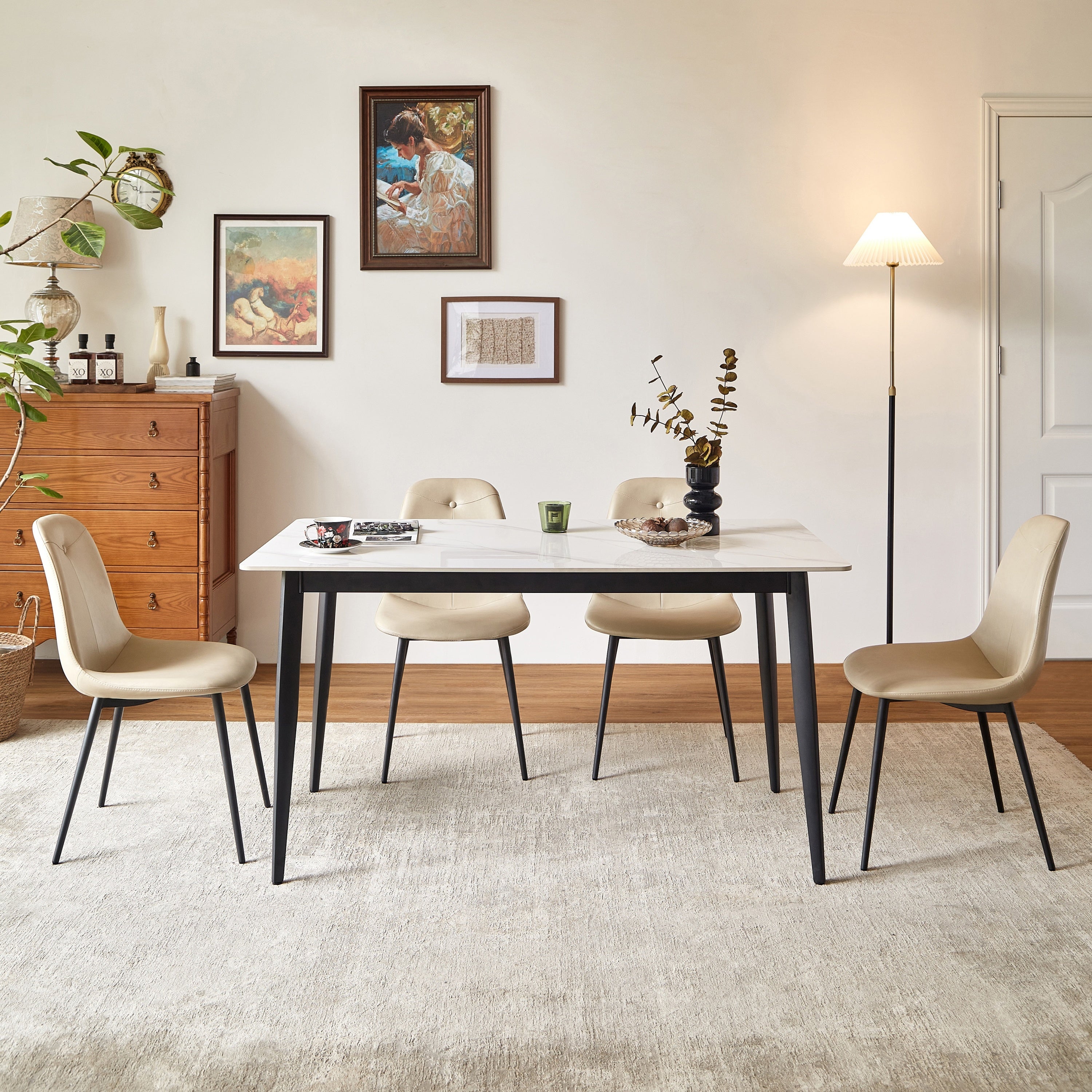 Mid Century Modern Dining Table 55 Inch Round White Sintered Stone Top Heavy Duty Metal Legs Waterproof Surface for Kitchen Dining Room or Office Furniture