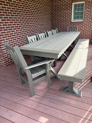 Trestle X Outdoor Bench set in weathered gray wood for outdoor dining by Wooden Whale Workshop.