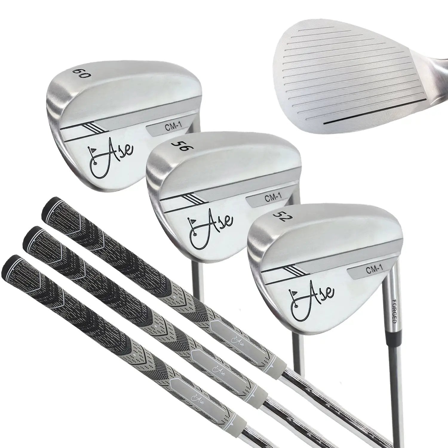 Ase Golf 3-Piece Wedge Set; three silver wedges (52/56/60) with textured grips