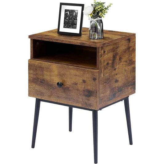 Mid Century Modern End Table Nightstand in Rustic Brown Black Wood Finish