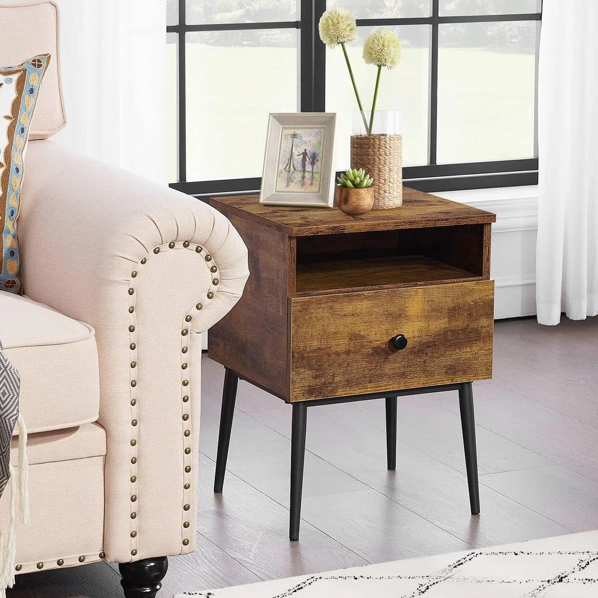 Mid Century Modern End Table Nightstand in Rustic Brown Black Wood Finish