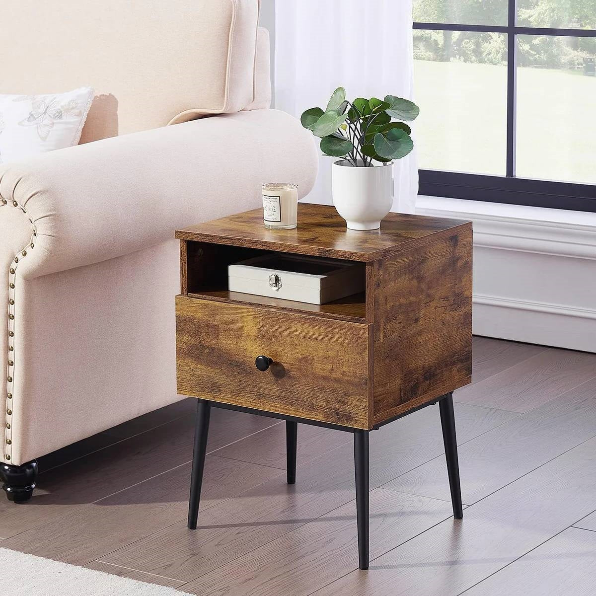 Mid Century Modern End Table Nightstand in Rustic Brown Black Wood Finish