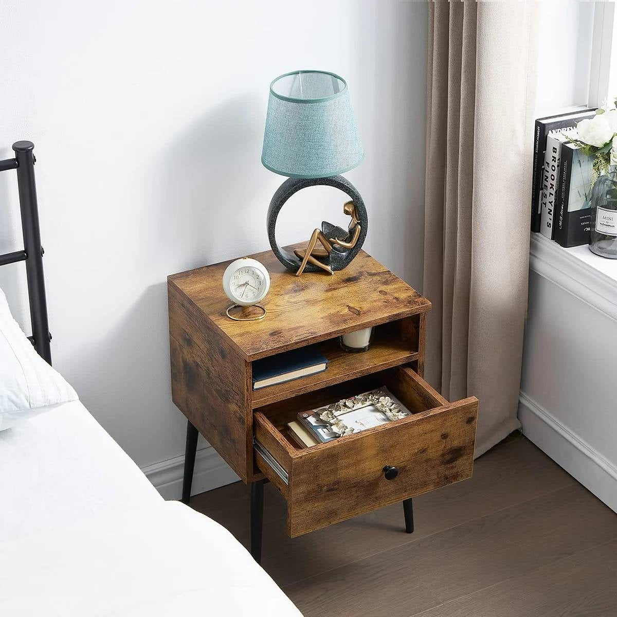 Mid Century Modern End Table Nightstand in Rustic Brown Black Wood Finish