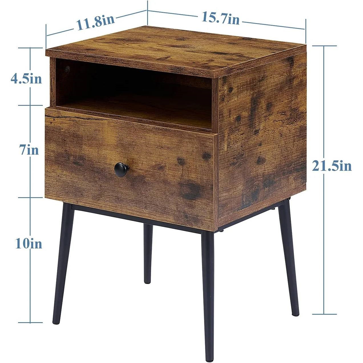 Mid Century Modern End Table Nightstand in Rustic Brown Black Wood Finish