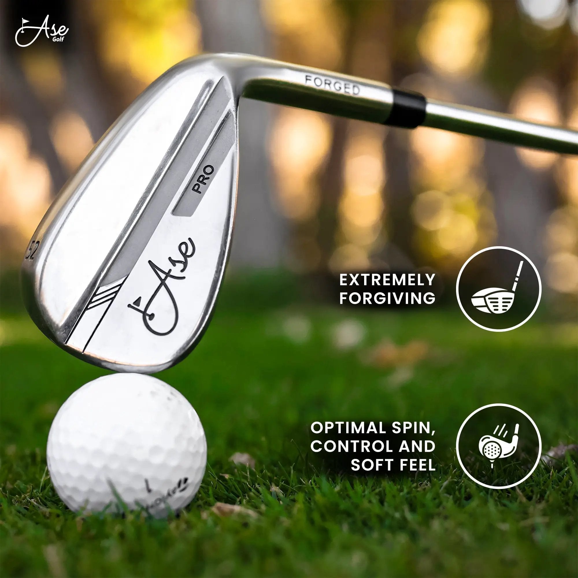 Ase 3-Piece Wedge Set forged silver wedge with Ase Golf logo, surrounded by white golf balls on grass.