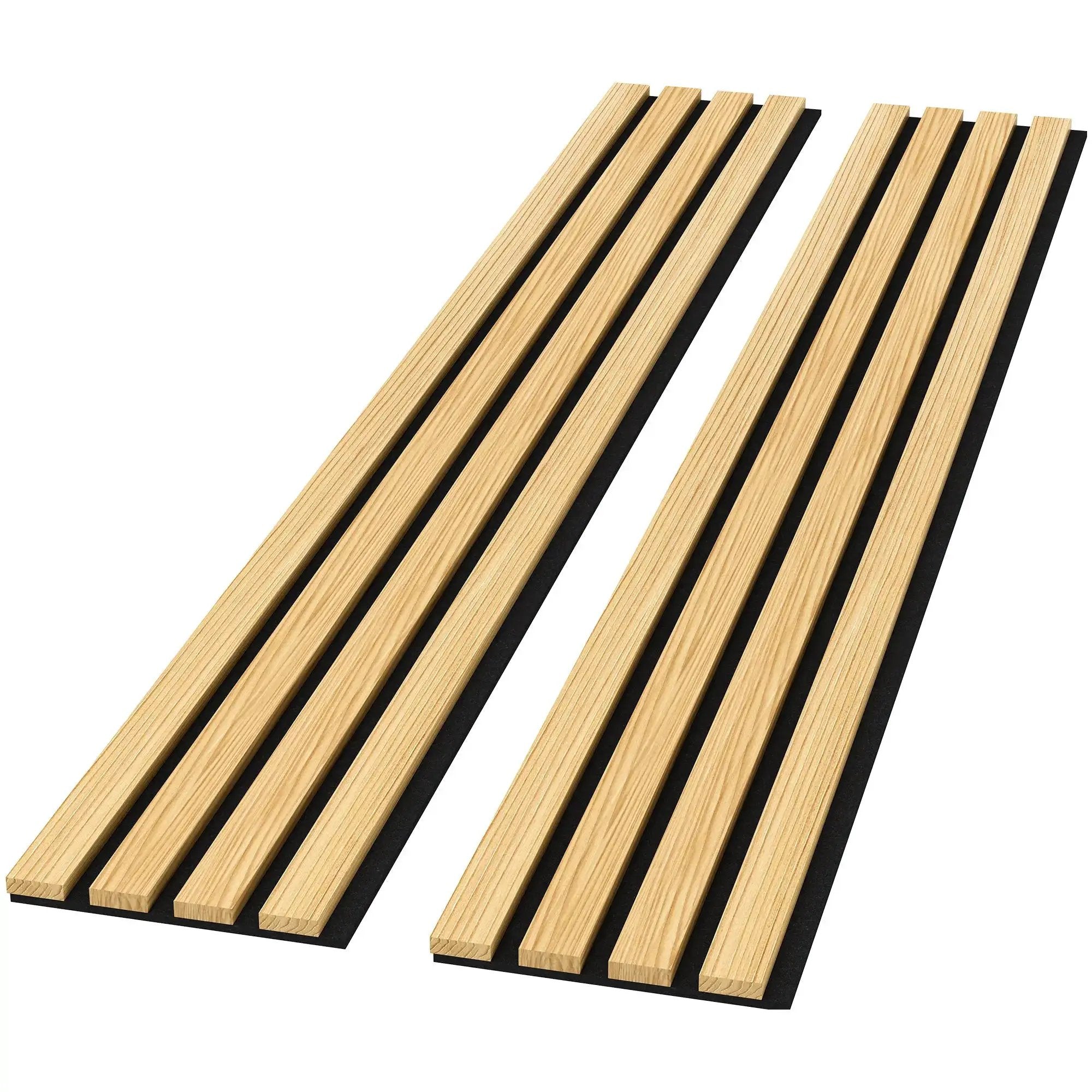 Solid wood acoustic slat wall panels (Broad Strip) in natural oak with black backing; two panels shown