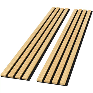 Solid wood acoustic slat wall panels (Broad Strip) in natural oak with black backing; two panels shown