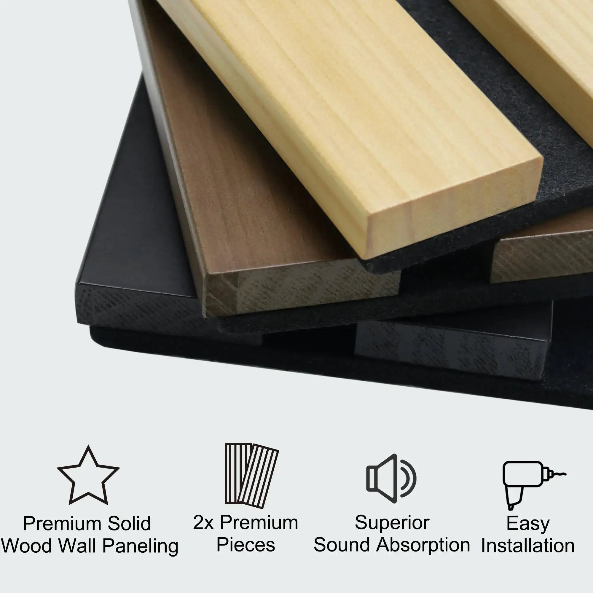 HAUSVITA solid wood acoustic slat wall panels, broad strip in natural light wood tones, stacked samples
