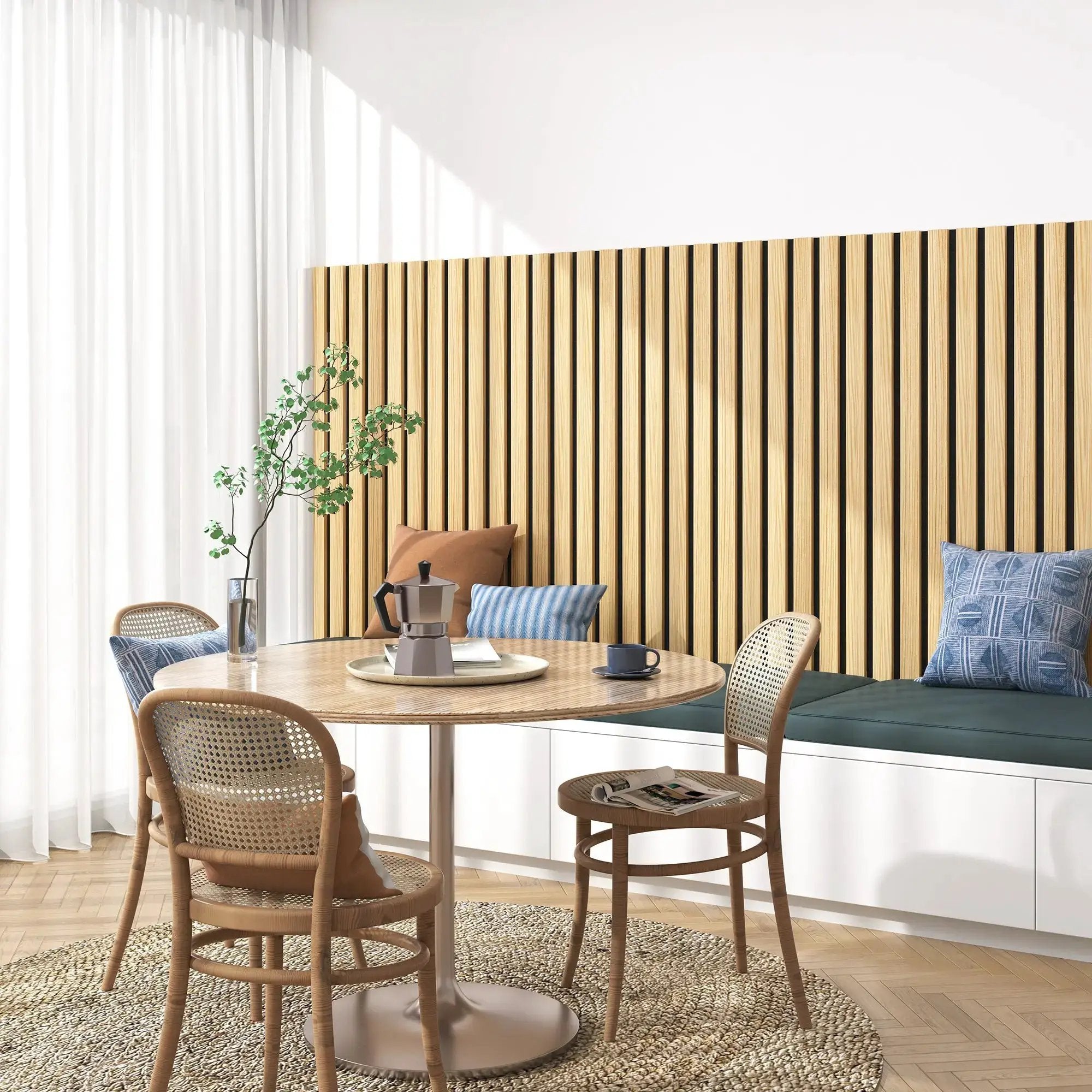 Solid wood acoustic slat wall panels, broad strip, natural wood finish on interior wall