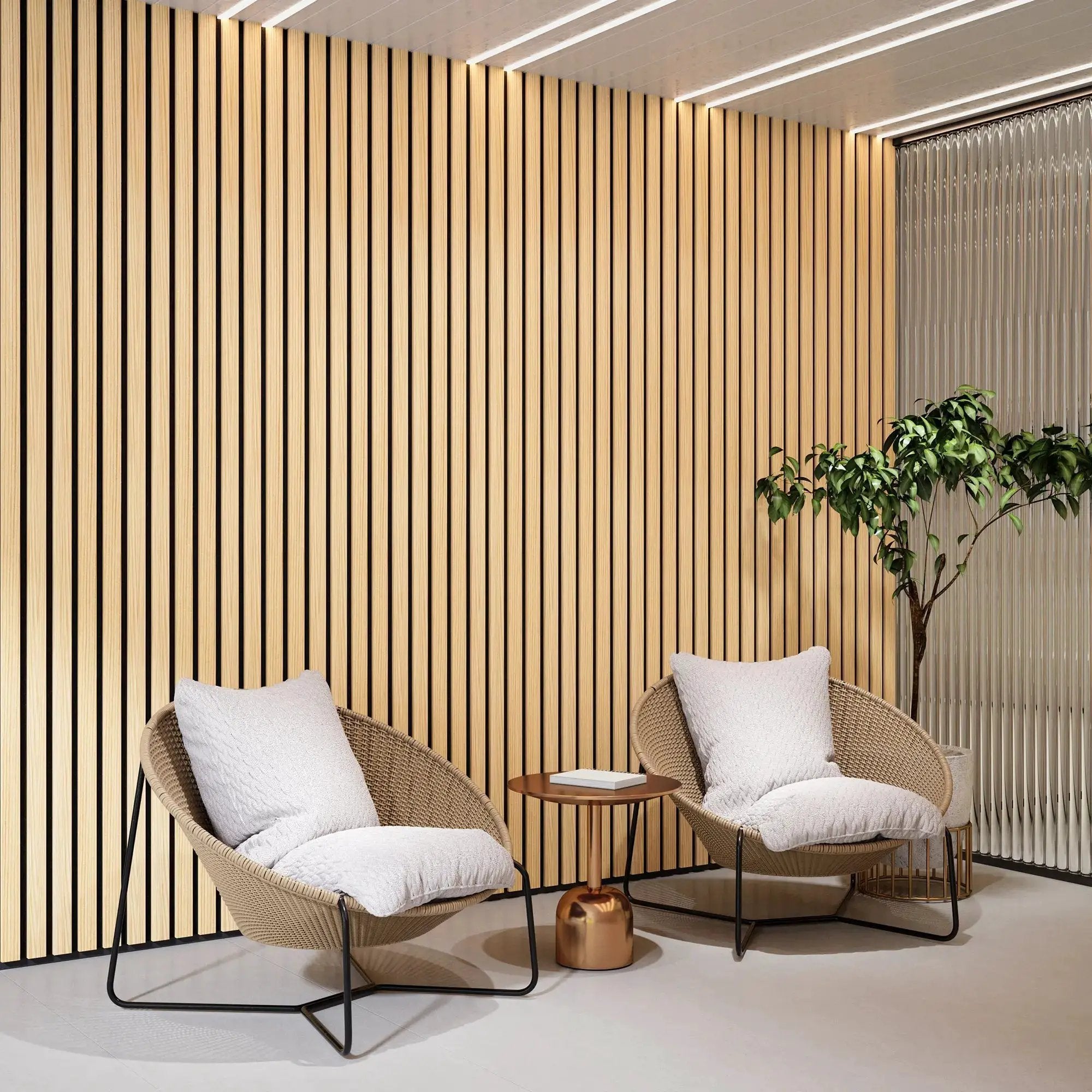 Solid Wood Acoustic Slat Wall Panels Broad Strip by HAUSVITA in natural wood finish with two wicker lounge chairs