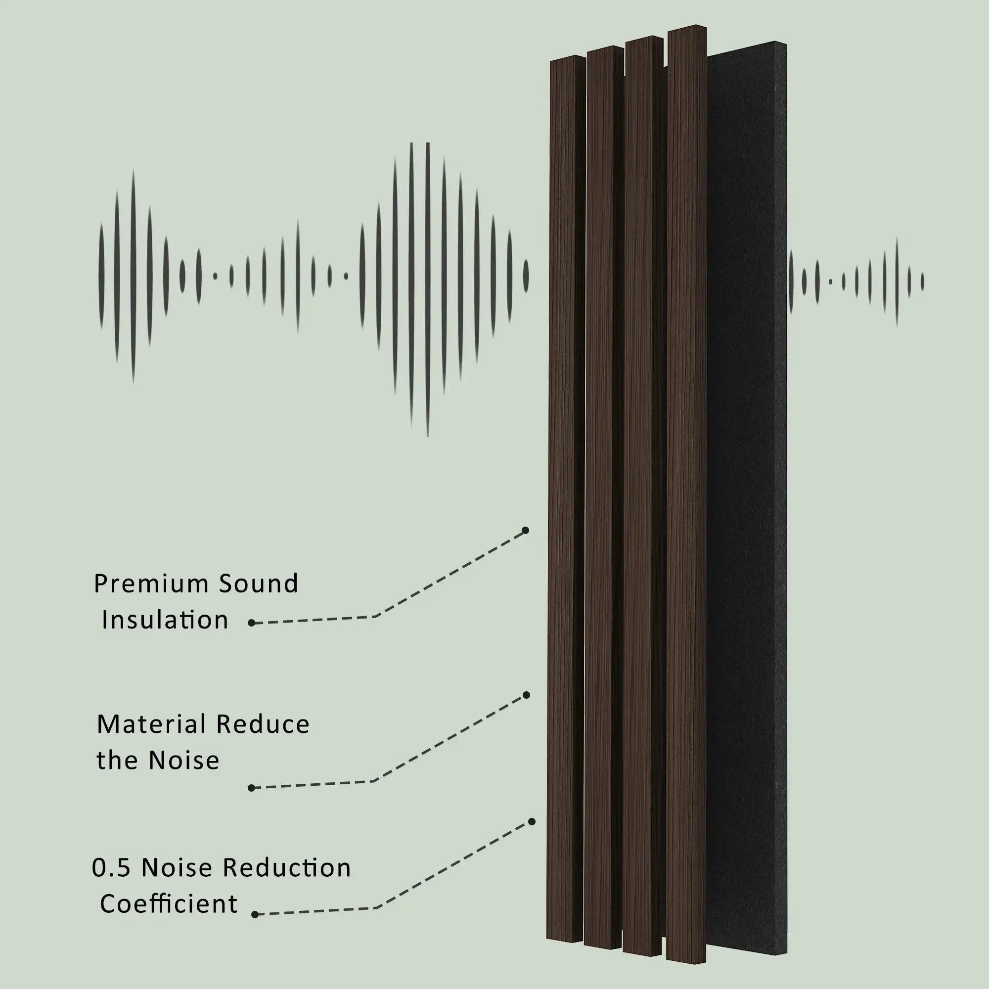 Solid Wood Acoustic Slat Wall Panels (Broad Strip), dark brown wood slats with a black backing panel.