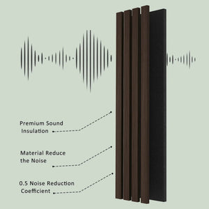 Solid Wood Acoustic Slat Wall Panels (Broad Strip), dark brown wood slats with a black backing panel.