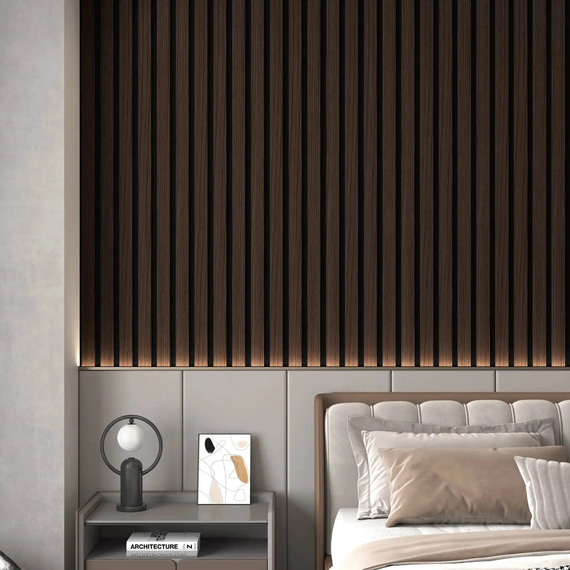 Solid wood acoustic slat wall panels in dark brown broad-strip design behind bed