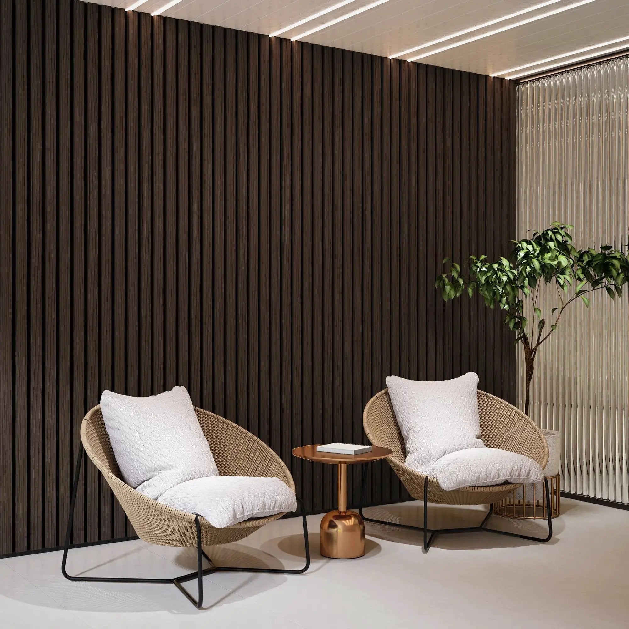 Solid wood acoustic slat wall panels, broad strip, dark brown finish; interior lounge with 2 wicker chairs