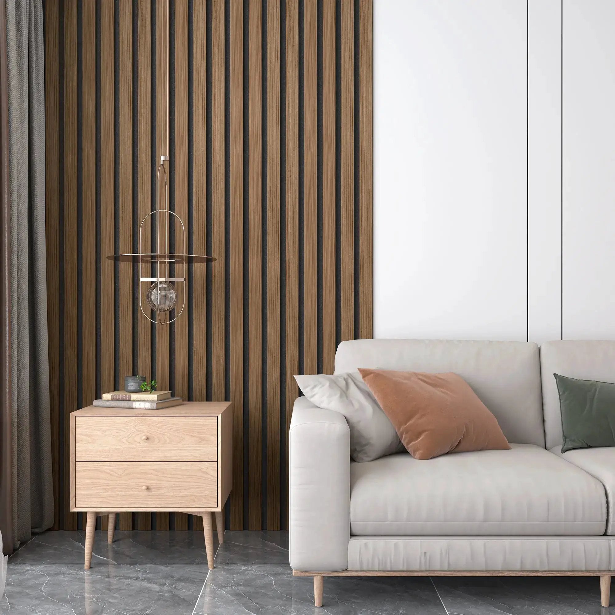 Solid wood acoustic slat wall panels, broad strip, warm brown tones for modern interiors