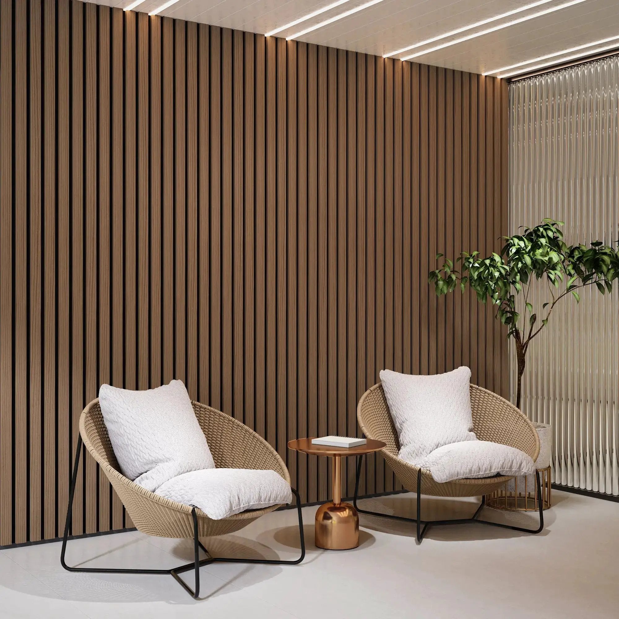 Solid Wood Acoustic Slat Wall Panels Broad Strip in dark brown vertical slats, lounge area with wicker chairs.