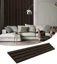 Solid wood acoustic slat wall panels (Broad Strip) by HAUSVITA in dark brown for living room walls