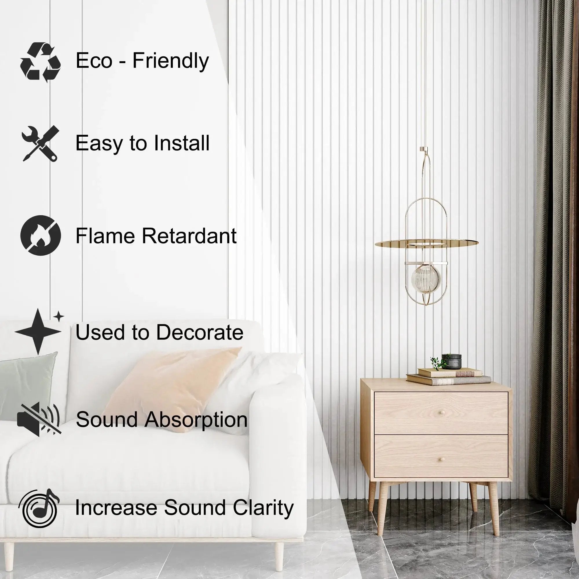 HAUSVITA acoustical 100% polyester wall panel, 48x24x0.7, white vertical slat design.