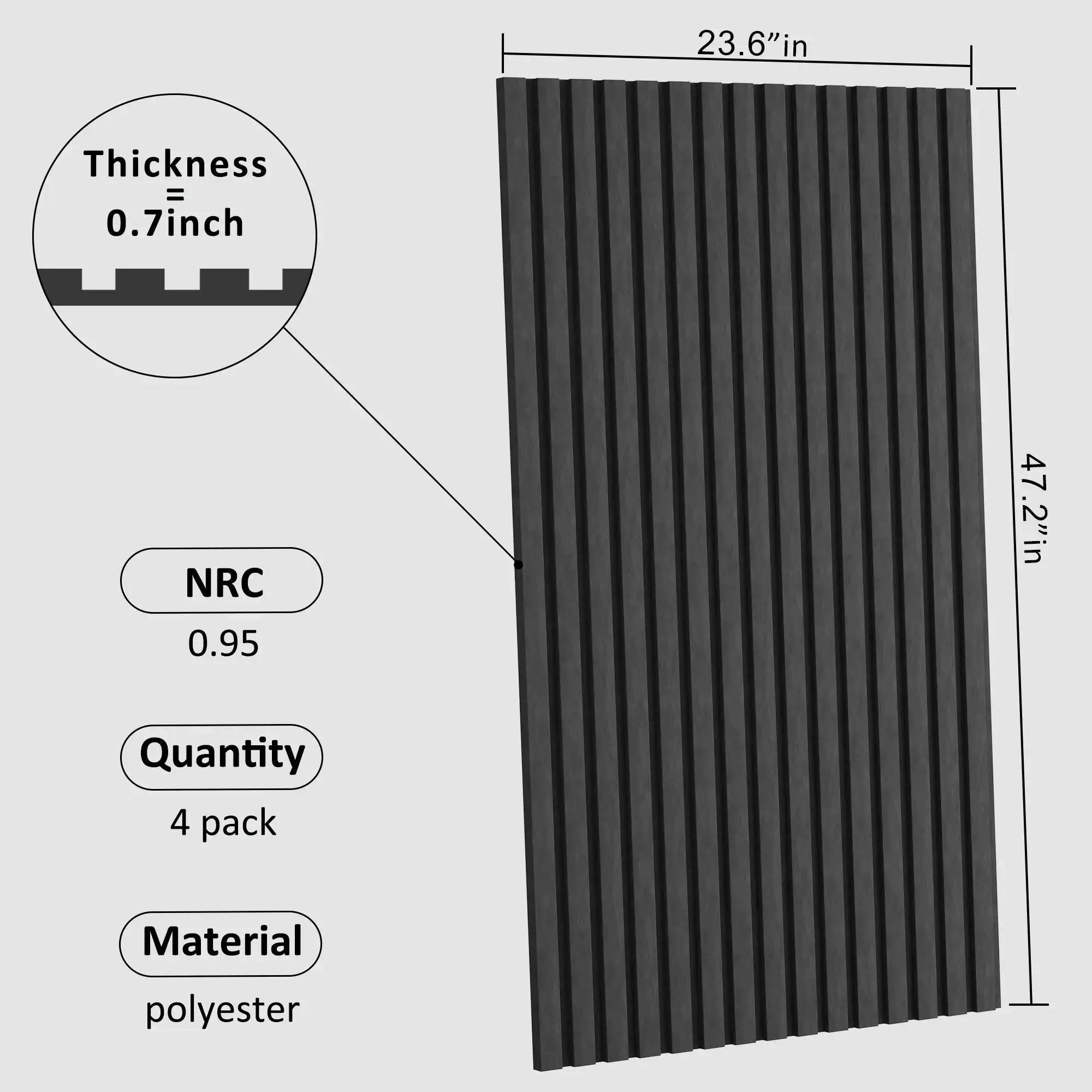 Acoustical 4-pack wall panels by HAUSVITA, 48x24x0.7 in, dark gray polyester ribbed