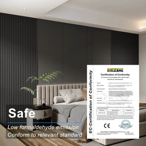 HAUSVITA acoustical wall panel, 100% polyester, 48x24x0.7, black vertical slat wall in a modern room
