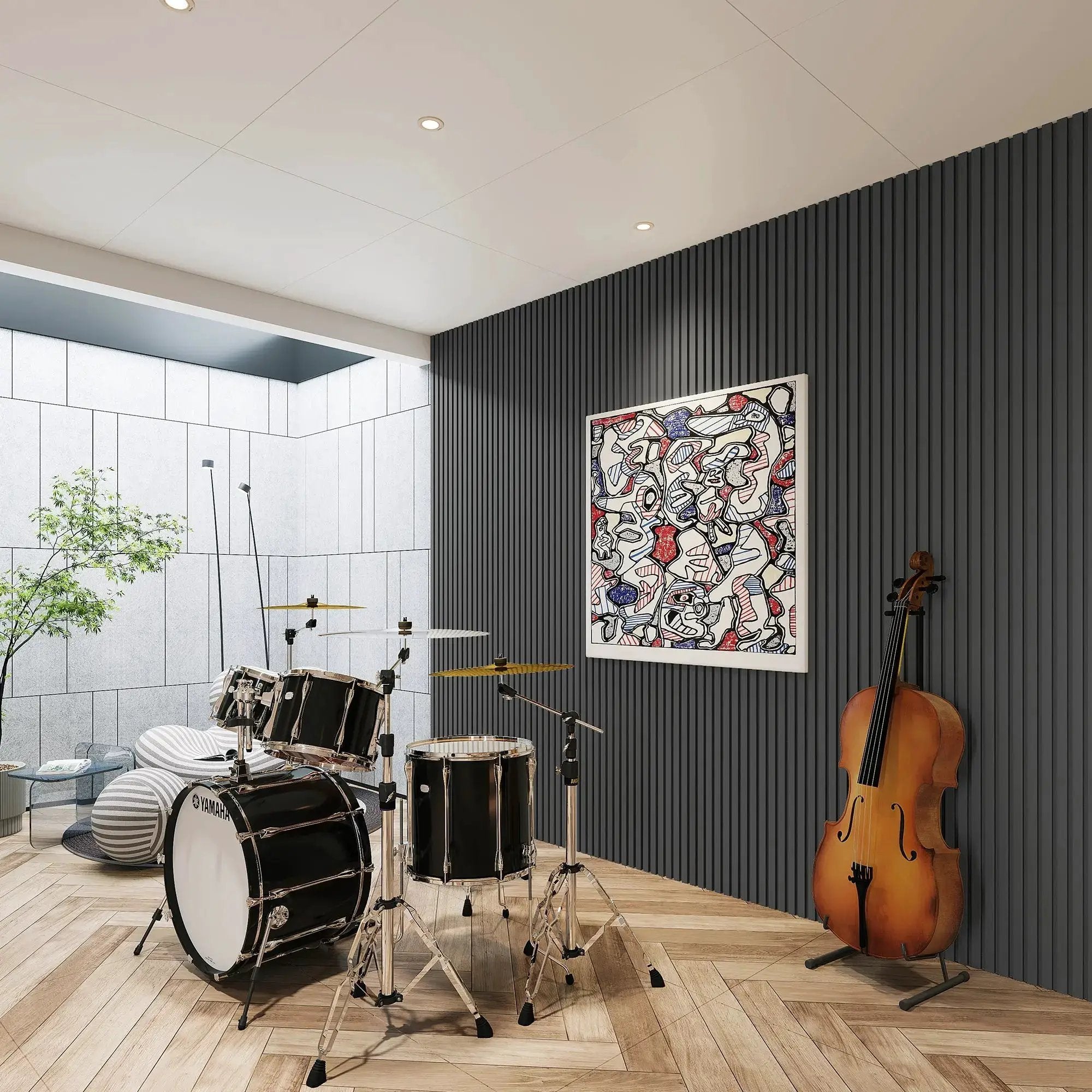 Acoustical 100% polyester wall panel by HAUSVITA; black vertical slat wall in a music room