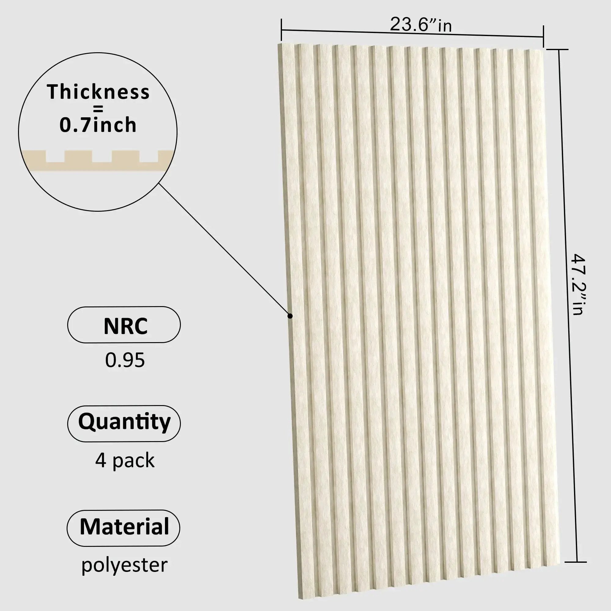 Acoustical polyester wall panel by HAUSVITA, 48x24x0.7 in, vertical slat texture in light beige