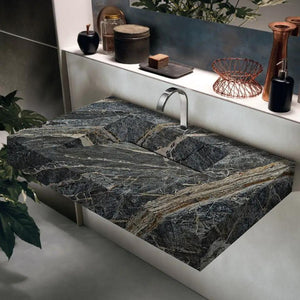 Adriatic black marble modern rectangular wall-mount bathroom sink with dark-veined stone