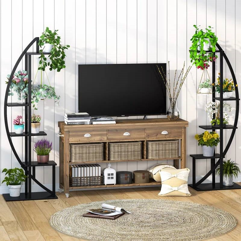 Set of 2 - Symmetrical Modern Black Metal Wood 10-Shelf Plant Stand