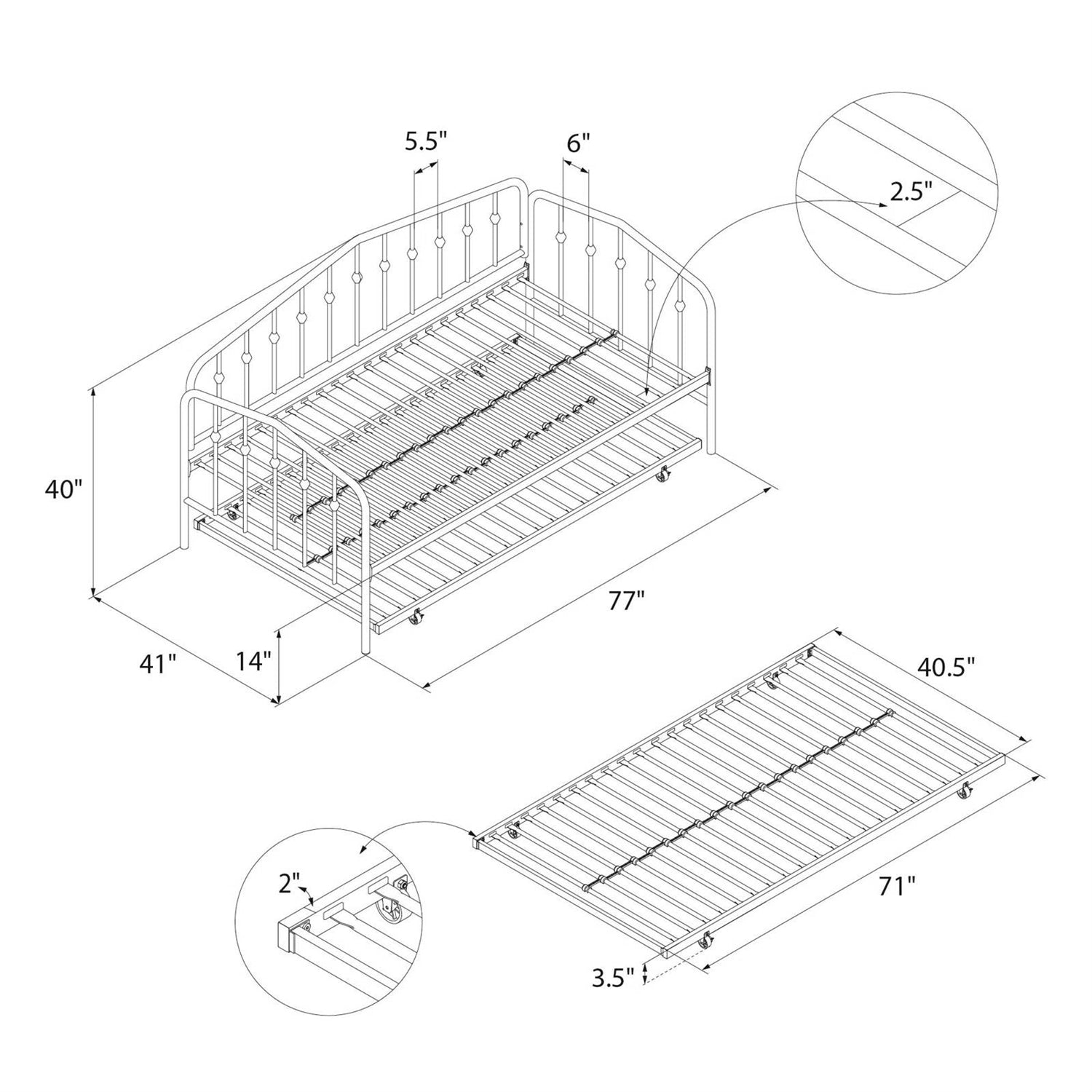 Twin size Modern Industrial Black Metal Daybed with Trundle Bed Frame