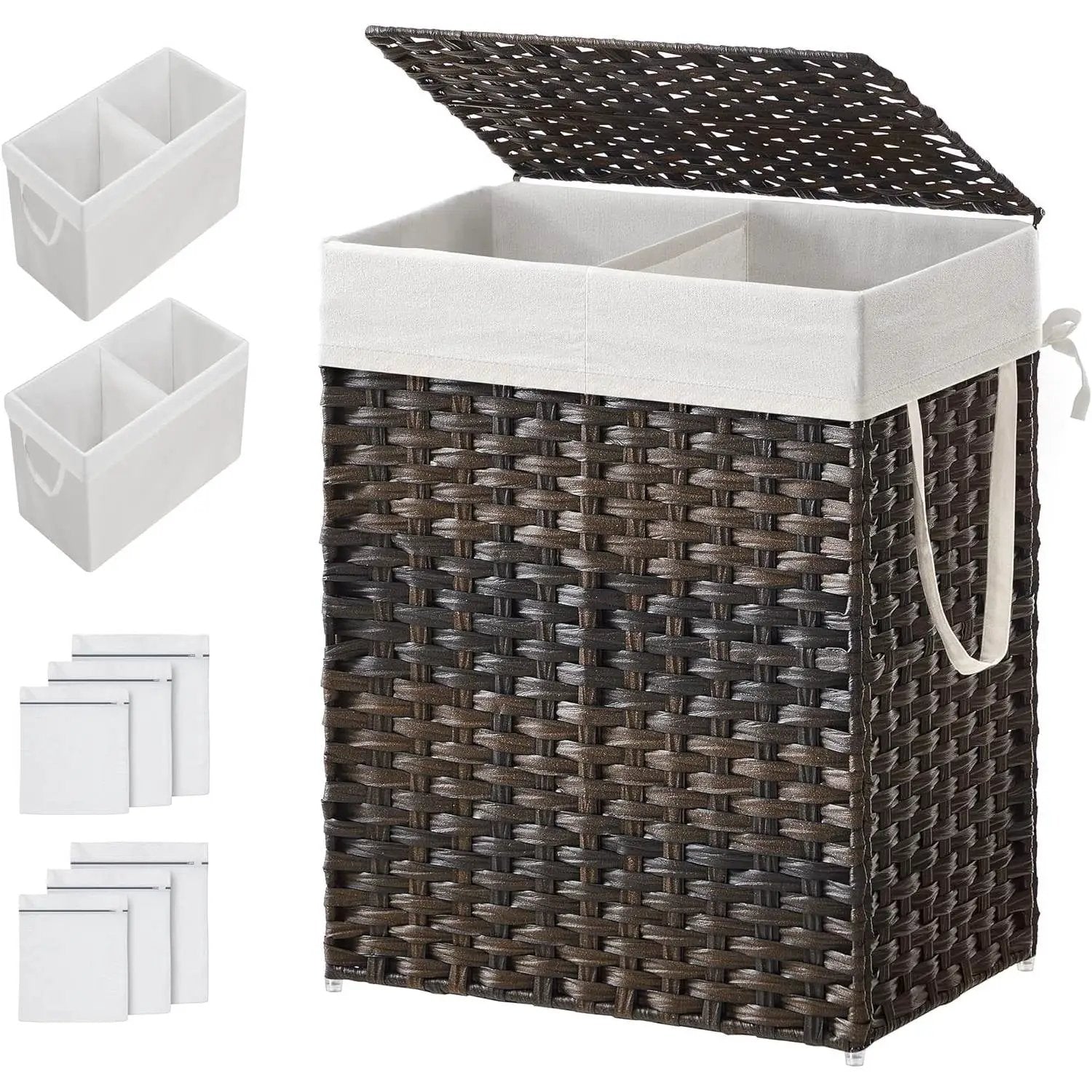 Laundry hamper basket, brown PP rattan, 24-Gal with white liner and lid; includes 2-compartment washable liner bag.