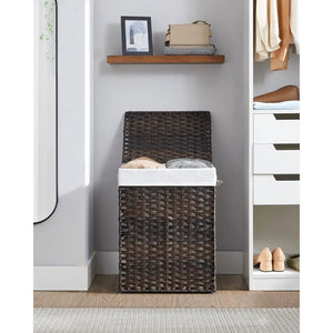 Brown PP rattan 24-Gal laundry hamper with 2-compartment washable liner bag