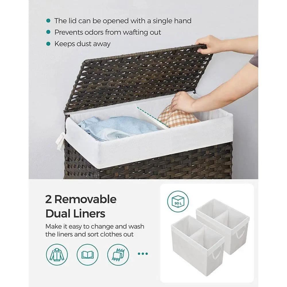 Brown PP rattan laundry hamper basket with lid and 2 removable white liners
