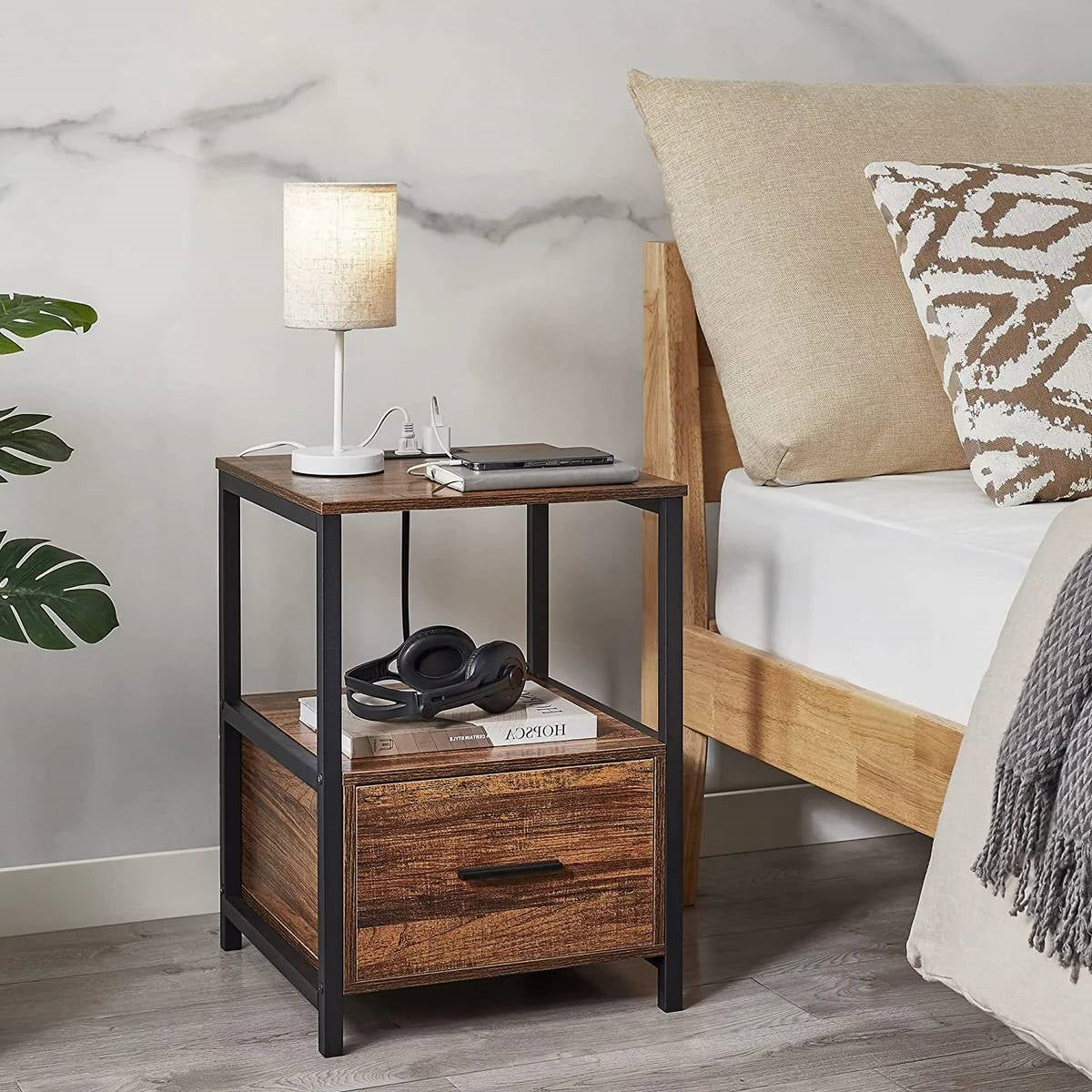 Modern Metal Wood Side End Table Nightstand Shelf with USB Charging Ports