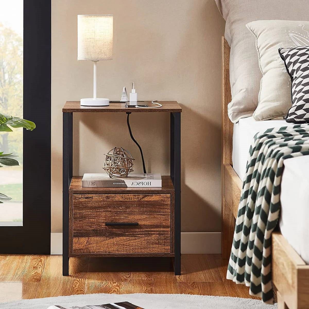 Modern Metal Wood Side End Table Nightstand Shelf with USB Charging Ports