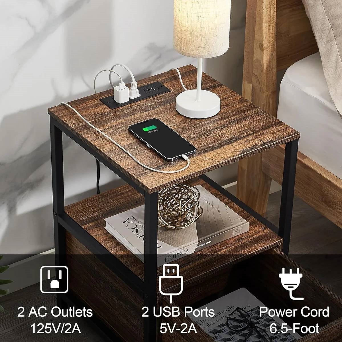 Modern Metal Wood Side End Table Nightstand Shelf with USB Charging Ports