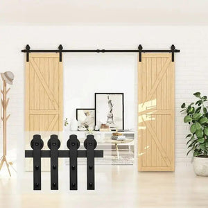 HAUSVITA barn door track kit for double doors; black hardware on white wall with two light wood sliding doors