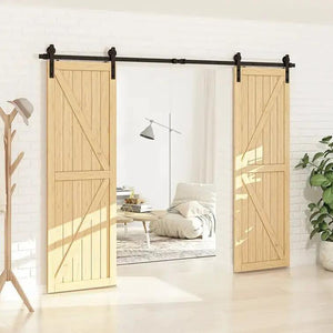 HAUSVITA barn door track kit for two sliding doors with light wood panels and black metal hardware