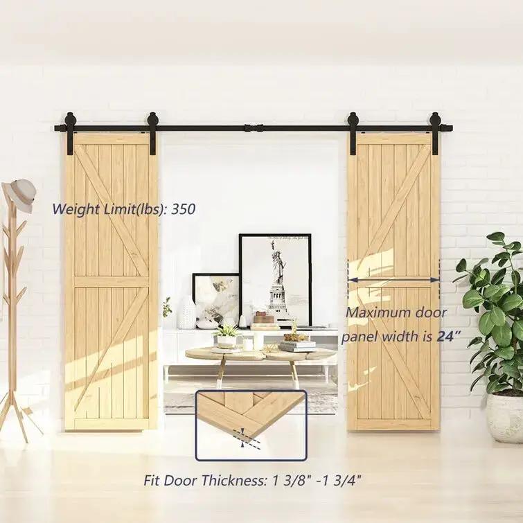 HAUSVITA Barn Door Track Kit for Double Doors with heavy-duty black metal track and two light wood sliding panels.
