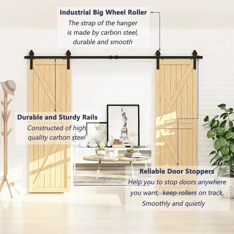 HAUSVITA Barn Door Track Kit for Double Door, heavy-duty steel rails, two wooden doors on track