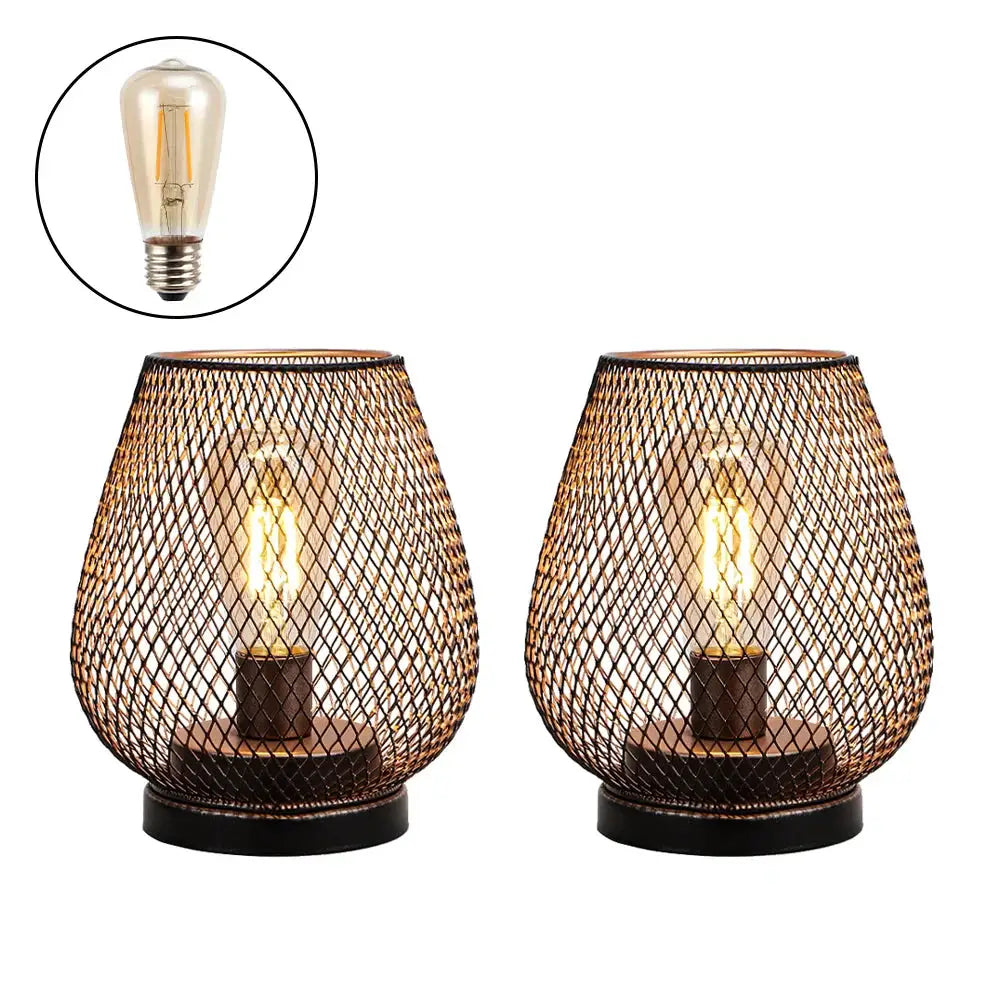 Set of 2 copper-finish metal cage LED battery-powered table lamps by JHY DESIGN.