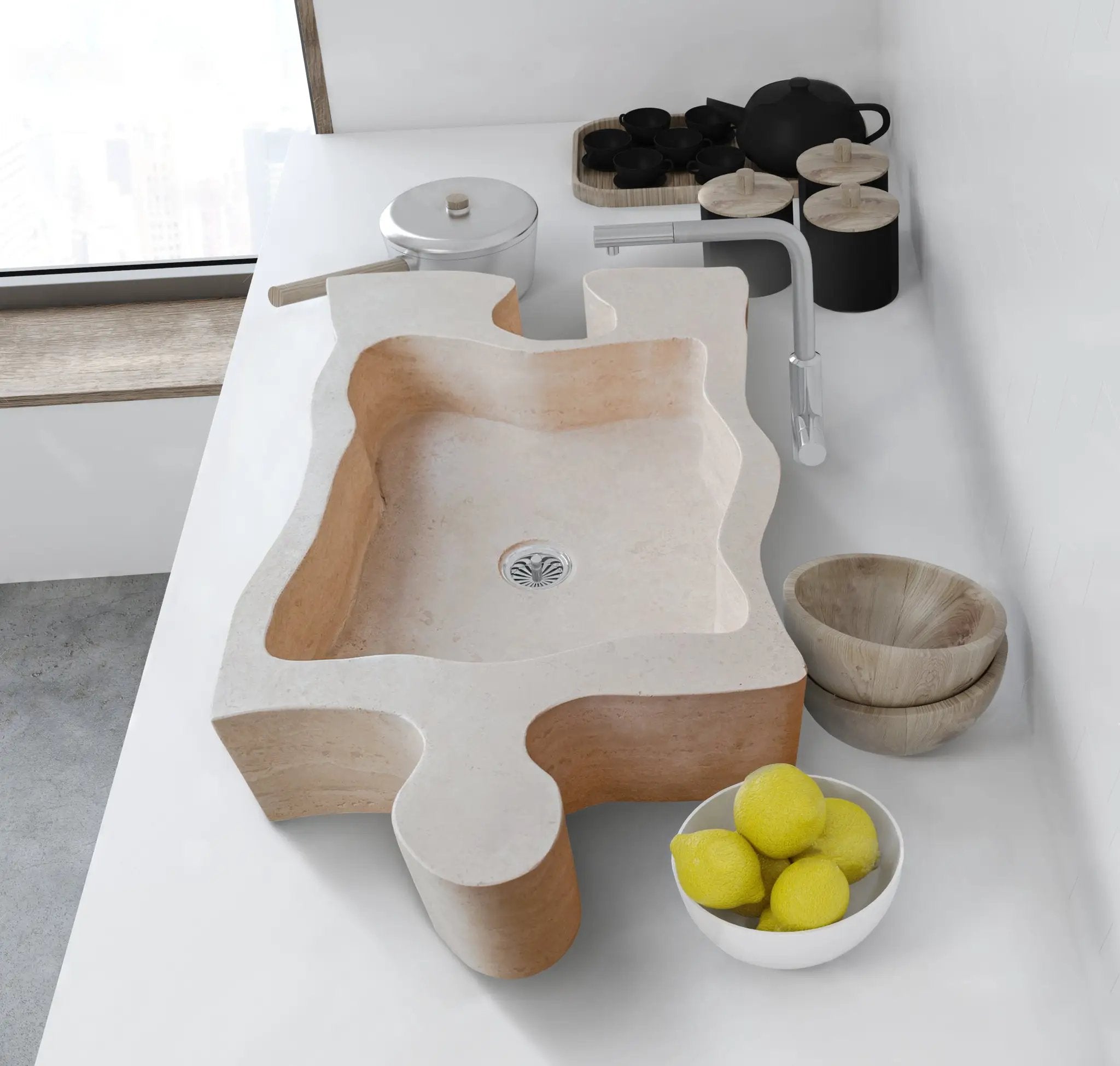 Natural stone beige travertine above-counter vanity sink with puzzle-shaped basin