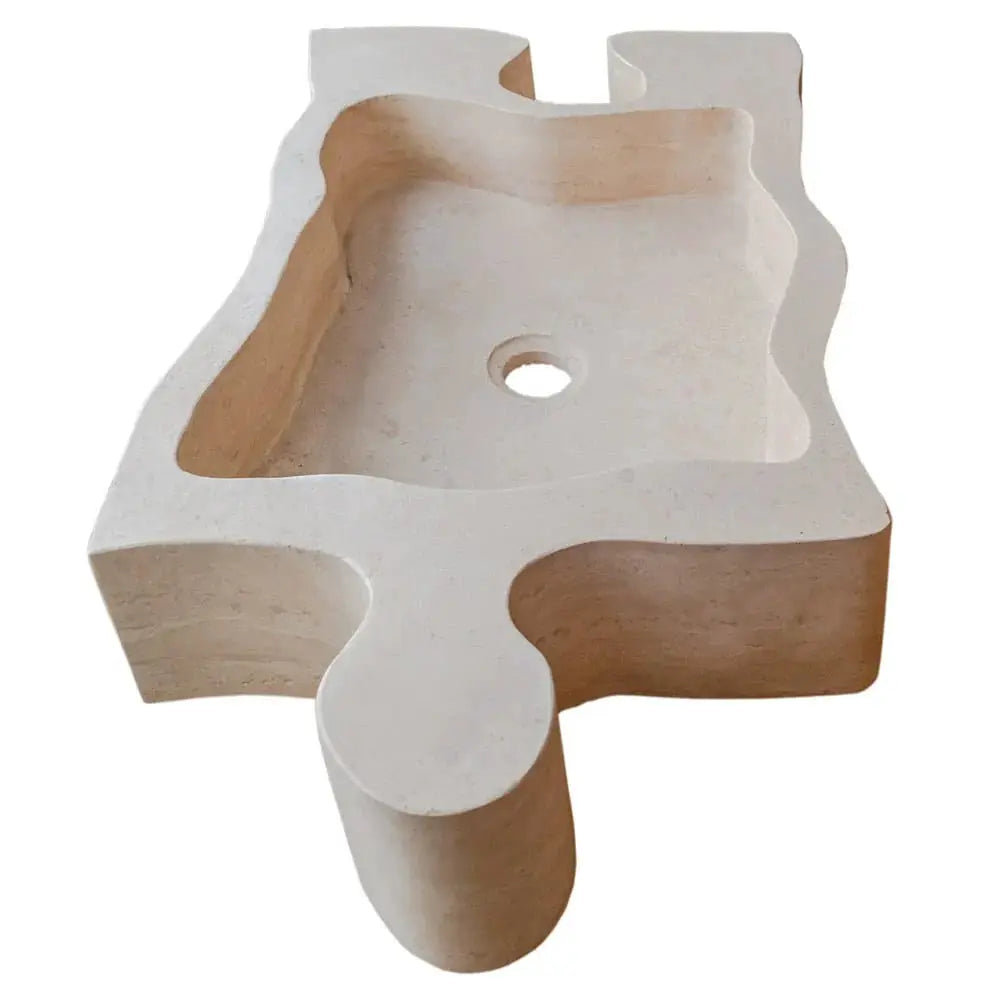 Bathroom stone sink, beige travertine, puzzle-shaped above-vanity design by Villohome