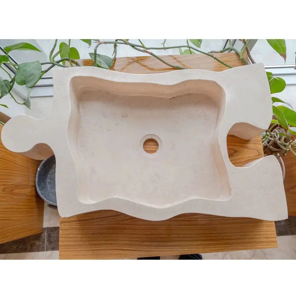 Villohome natural beige travertine above-vanity bathroom sink with irregular puzzle-shaped basin