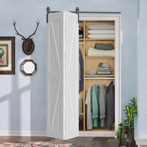 HAUSVITA bi-fold sliding barn door hardware track kit with two white panel doors and gray hardware over a closet