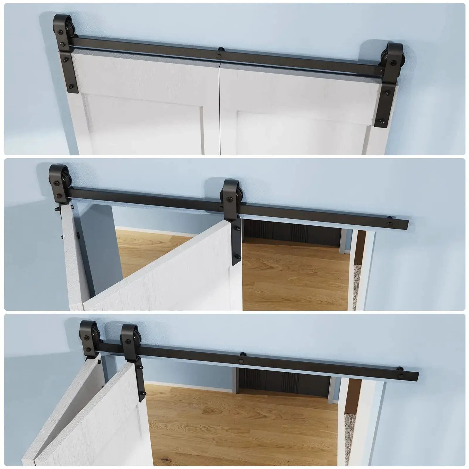 HAUSVITA Bi-Folding Sliding Barn Door Hardware Track Kit (No Door) mounted on blue wall with black track and dual rollers.