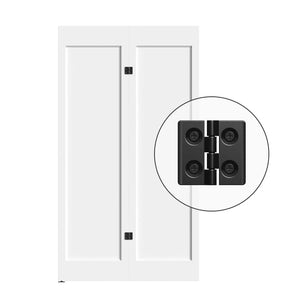 Bi-folding sliding barn door hardware track kit HAUSVITA; two white panels with black hinge hardware