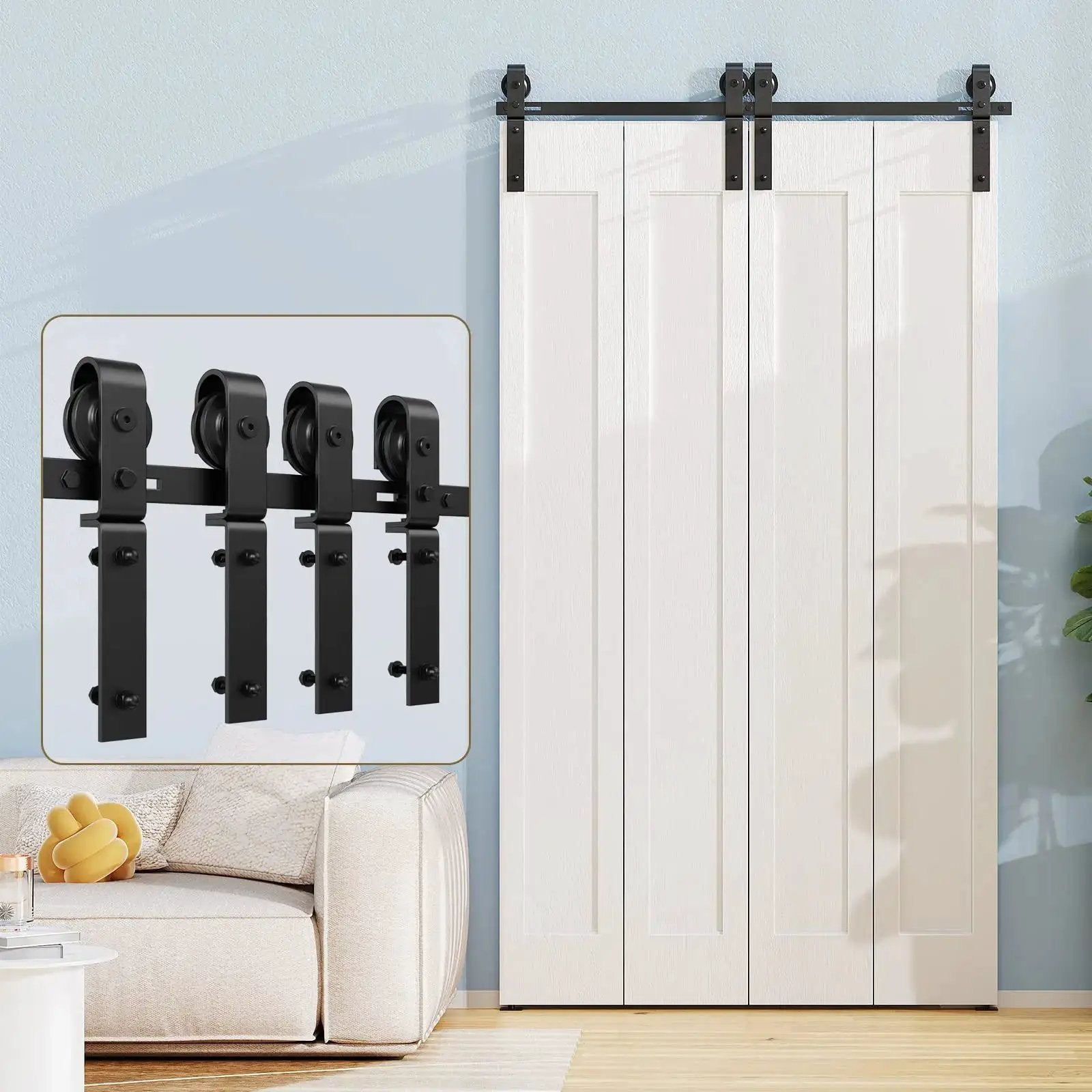 HAUSVITA bi-fold sliding barn door hardware track kit with four black roller hangers