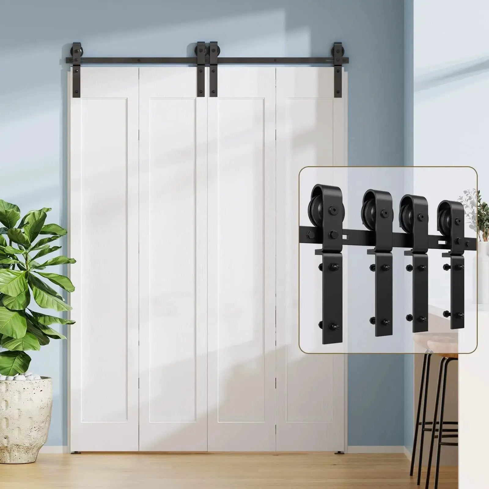 Bi-fold sliding barn door hardware track kit by HAUSVITA, black metal for double doors, no door
