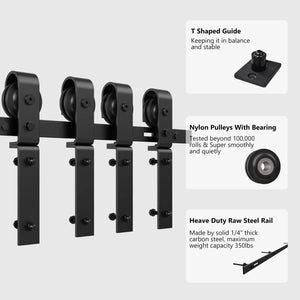 Bi-Folding Sliding Barn Door Hardware Track Kit by HAUSVITA with black nylon pulleys on raw steel rail (4 carriers)