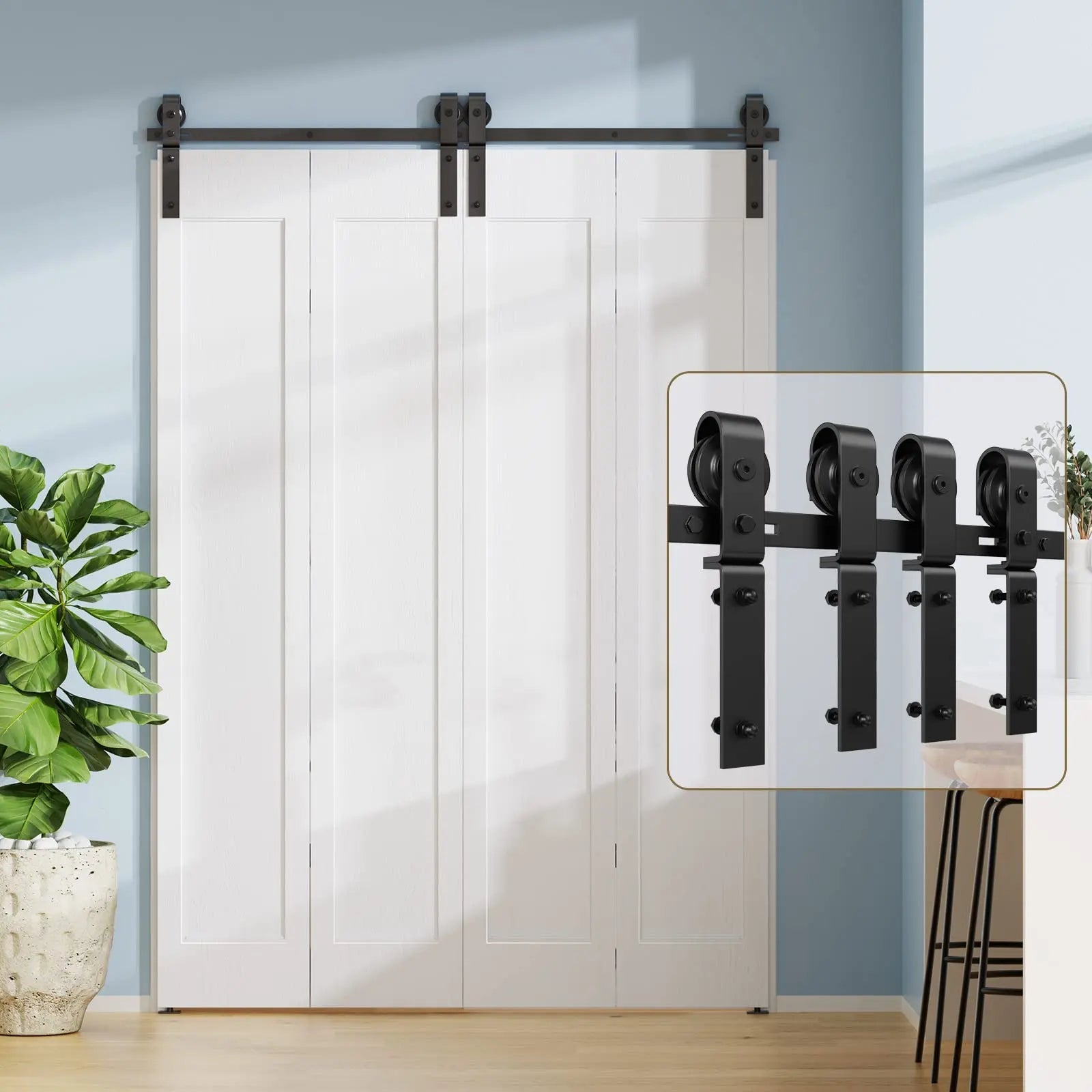 Bi-Folding Sliding Barn Door Hardware Track Kit by HAUSVITA, black finish with four rollers